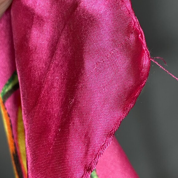 Bright Pink Floral Scarf Horses Birds Maximalist Polyester Square Vibrant Colors - Picture 9 of 13